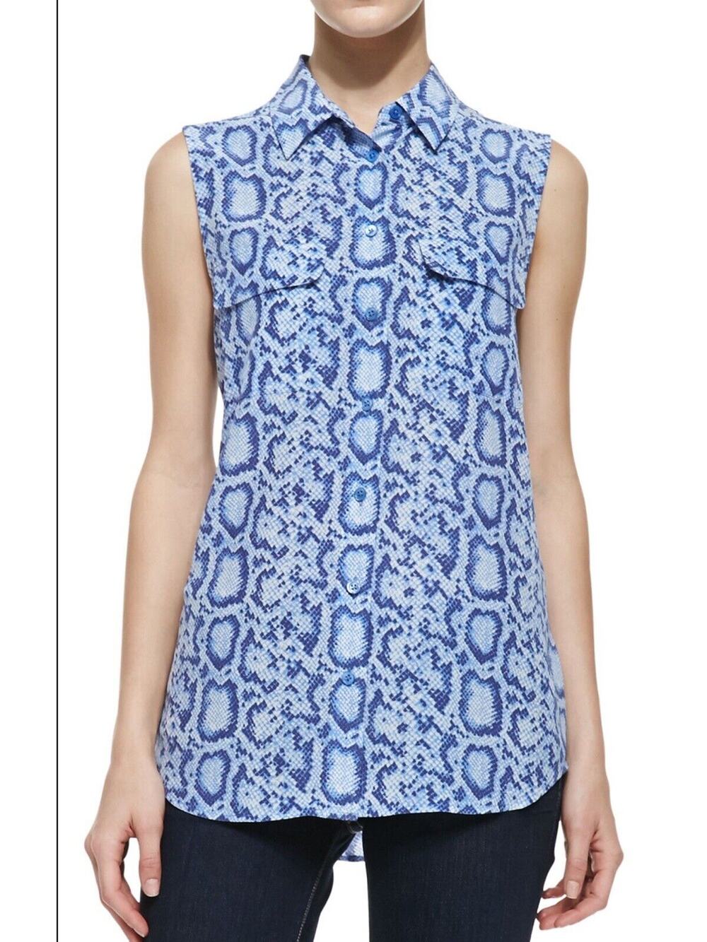 Equipment Slim Signature Blue Snake-Print Silk Sleeveless Blouse Pockets XS